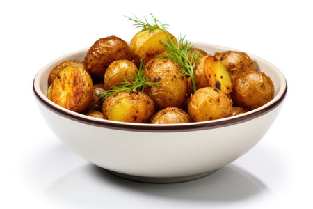 Baby potatoes that have been roasted and are seen against a white backgroundの素材