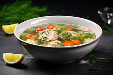 Close up of chicken soup with vegetables in a white bowl against a grey stone backdropの素材