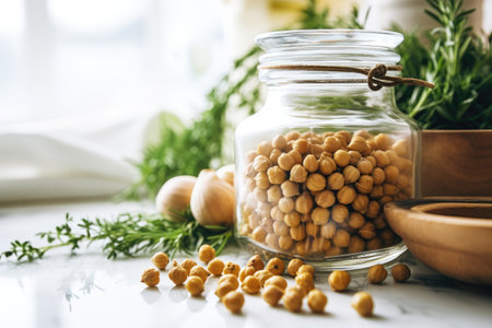 Close up of herbs and spices on a white table along with dried chickpeas stored in a glass jarの素材
