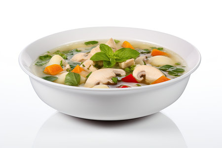 Chicken vegetable soup in white bowl on saucer Side view isolated on whiteの素材