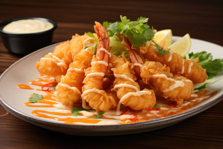 Deep fried prawn coated in a creamy sauceの素材