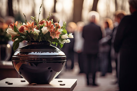 Decorative urn with ashes and flowers in funeral ceremony Mourning people bid farewell to deceasedの素材