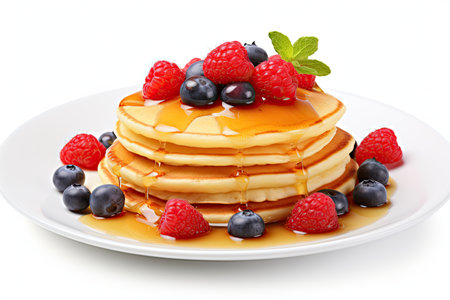 Delicious pancakes with fresh berries and honey on a white plateの素材
