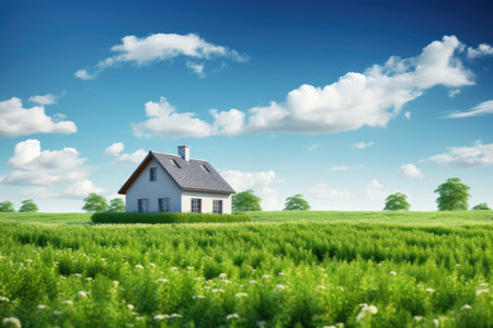 Eco friendly house in an empty field for construction and real estateの素材