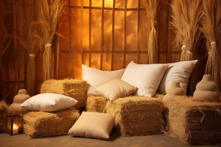 Country style space with milk jugs atop straw filled haystacksの素材