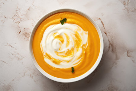 Creamy pumpkin soup served on a marble backgroundの素材