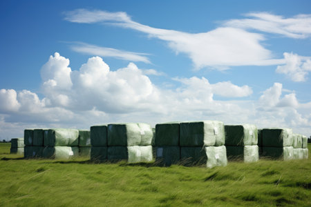 Hay bales covered in green plastic film are stacked on the edge of grassland in a Dutch nature reserの素材