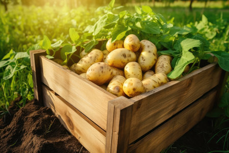 Harvesting organic potatoes in a wooden box in a fieldの素材