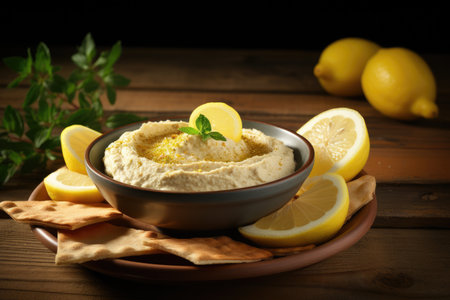 Hummus and lemon on wooden tableの素材