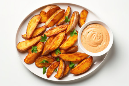 Light background top view of potato wedges with sauceの素材