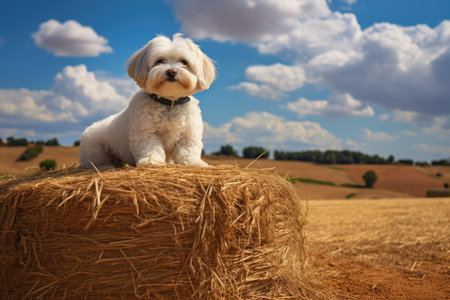 Maltese dog sitting on haystacks in Portuguese countryside with scenic rural landscape clouds tree aの素材