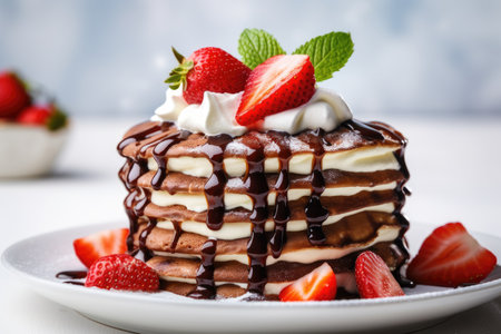 Pancake stack with toppings on white plateの素材