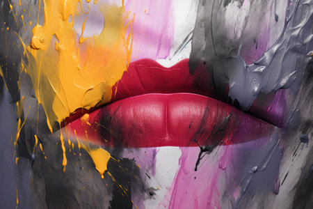Multicolored abstract strokes of lipstick smudge on gray backgroundの素材