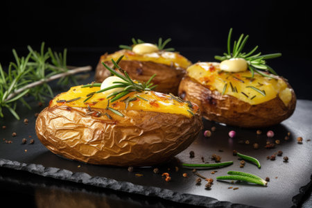 Rosemary infused baked potatoes on slate plate up closeの素材