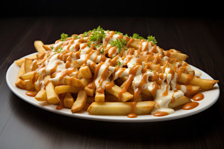 Poutine consists of fries with dynamite sauce served on a plateの素材