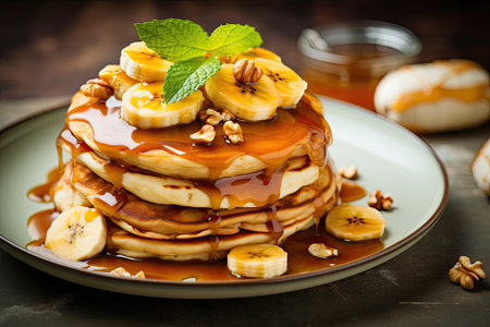 Selective focus on toning the banana cashew pancakes topped with bananas and salted caramel sauceの素材