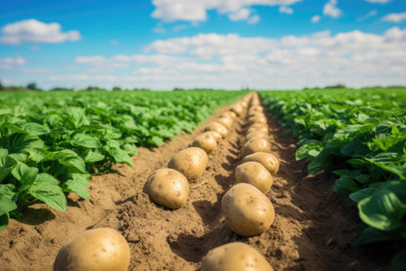 Row of potato crops in a green fieldの素材