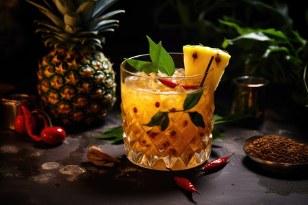 Pineapple rum mezcal cocktail with chili and dried fruit in a plant filled empty kitchenの素材