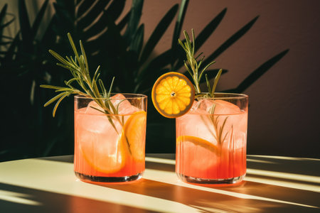 Refreshing summer cocktails with grapefruit and Tequila Sunrise adorned by a rosemary twig enjoyed oの素材