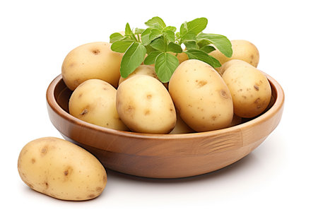 Raw sliced potatoes placed in a wooden bowl isolated on whiteの素材