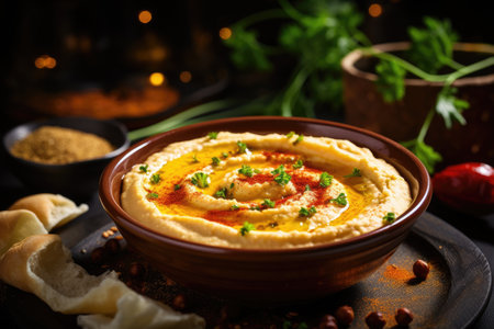 Selective focus on chickpeas hummus olive oil and smoked paprikaの素材