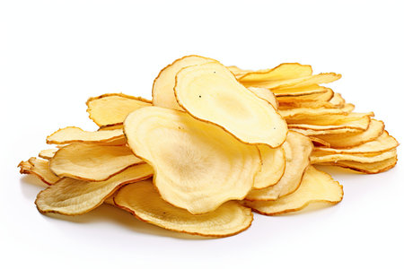 Potato slices transformed into chips on white backgroundの素材