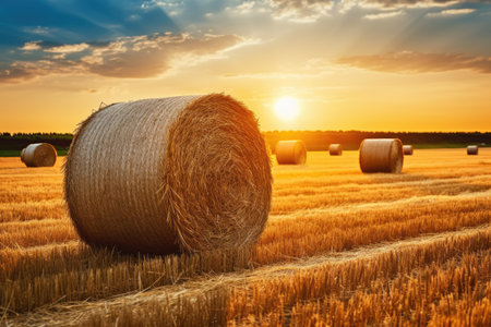 Rural scenery with straw bales and setting sunの素材
