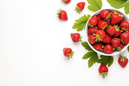 Strawberries in white bowls on a white background Flat lay top view copy spaceの素材