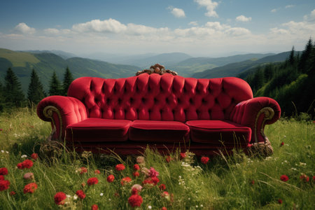 Red couch amid grassy fieldの素材