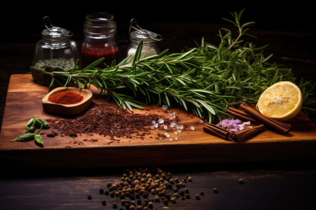 Rosemary and seasonings on dark wooden chopping boardの素材