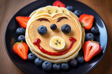 Playful and creative American pancakes adorned with fruity smiley shapes strawberries chocolate blueの素材