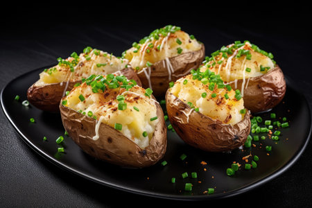 Stuffed baked potatoes with butter cream cheese green onions and seasoning top view on a black backgの素材