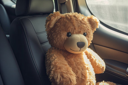 Teddy bear secured in car s back seat road safetyの素材