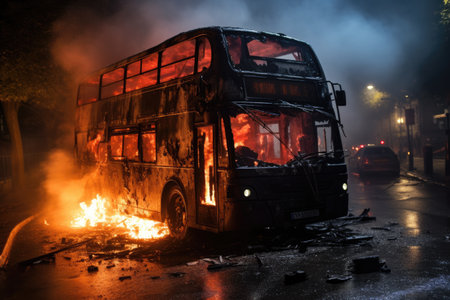Street crash resulted in bus engine burning outの素材