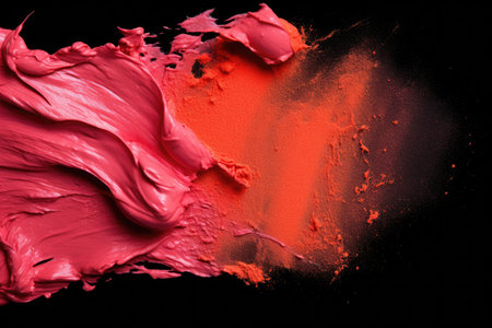 Smudged red pink and orange lipstick on a black textured backgroundの素材