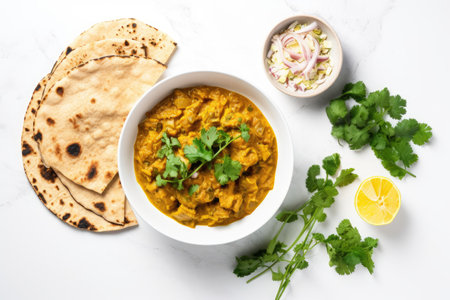 Vegan curry with yellow jackfruit rice coriander and flatbread on marble background Flat lay spaceの素材