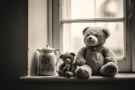 Two stuffed bears seated on a heater at home with mugs next to them on the windowsillの素材