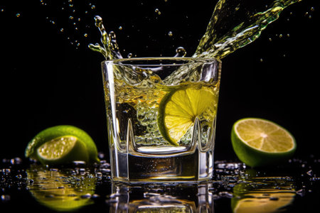 Tequila shots with lime slices salt and a dark blue tableの素材