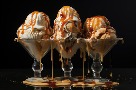 Three ice cream scoops topped with syrupの素材