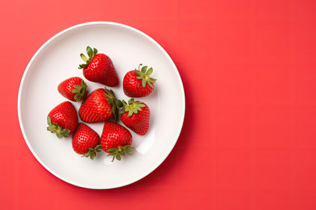 Top view of juicy strawberries on a red backgroundの素材