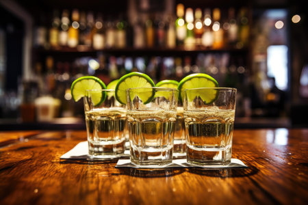 Tequila shots served with lime on bar tableの素材