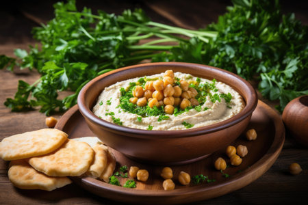 Vegetarian chickpea dish with hummus served on a wooden plate with parsley and croutonsの素材
