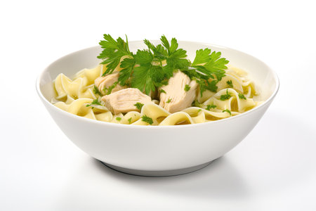 White ceramic bowl with instant chicken noodle soup isolated on white topped with parsleyの素材