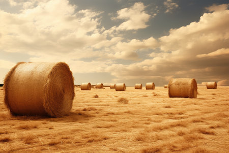 straw stacks on an empty fieldの素材