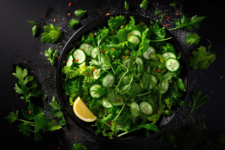 Top view of black plate with vegan salad made from green leaves and vegetablesの素材