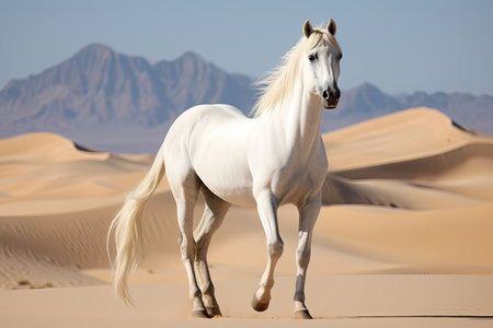 White purebred Arabian horse in desertの素材
