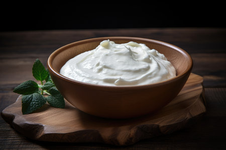 Wooden bowl contains either sour cream or yogurtの素材