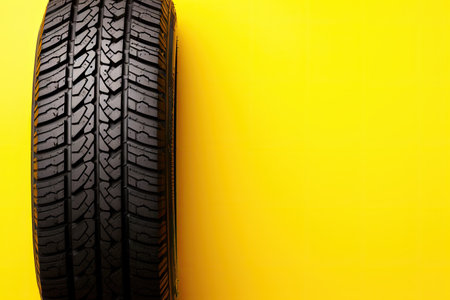 Winter tires on yellow background empty spaceの素材