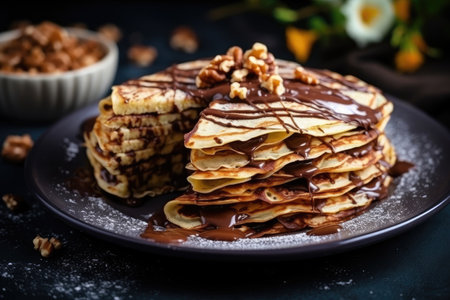Yummy homemade thin crepes with chocolate and nutsの素材