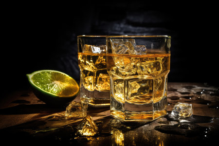 Gold tequila with lime and sea salt on black tableの素材